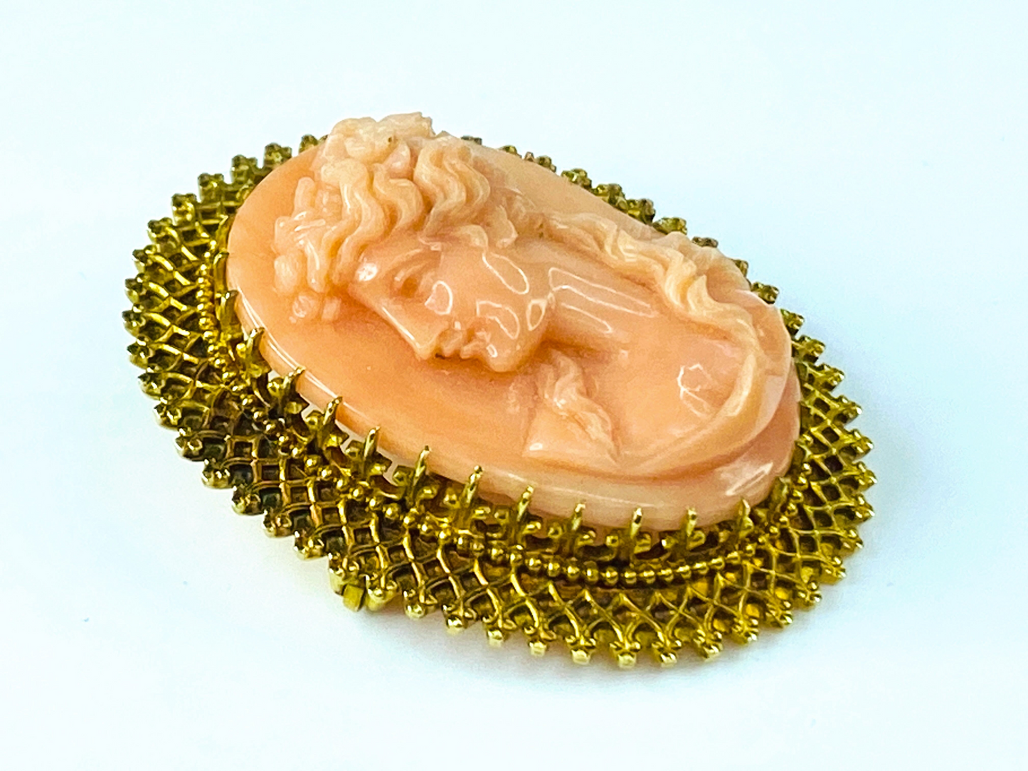18K gold Filigree Design Woman's Profile Coral Cameo Pendant brooch