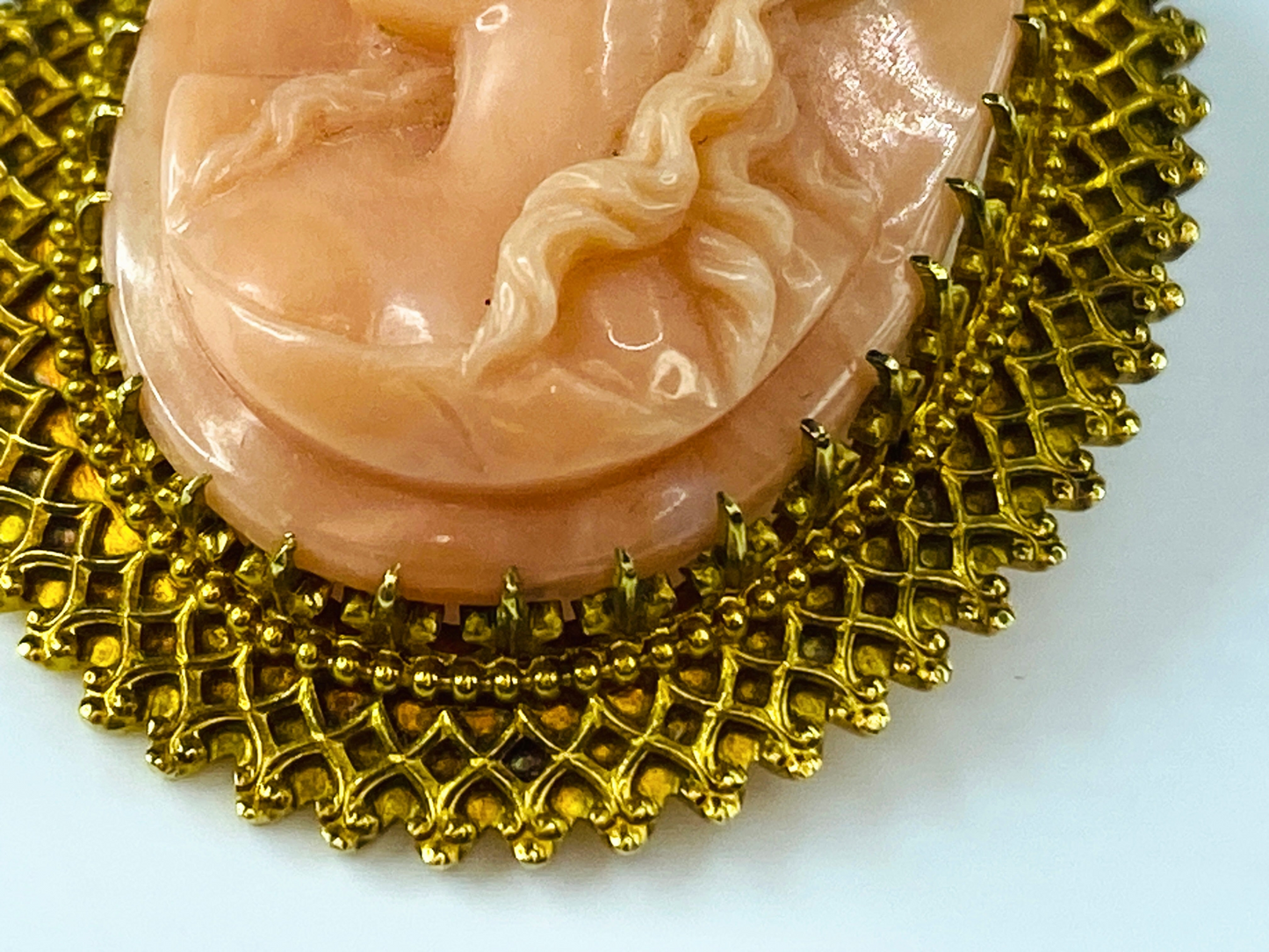 18K gold Filigree Design Woman's Profile Coral Cameo Pendant brooch