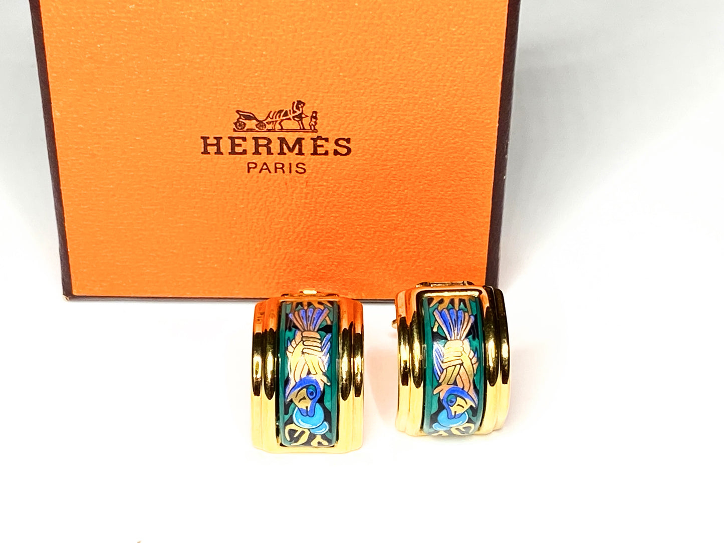 Hermès Enamel Fish Green Blue Turquoise Clip-On Earrings GS242