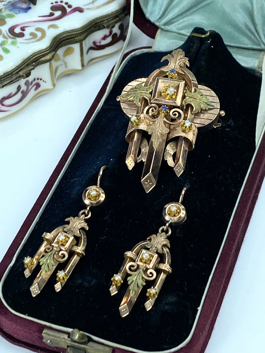Victorian Jewelry set Bicolor 10K Seed pearls Sapphire original box