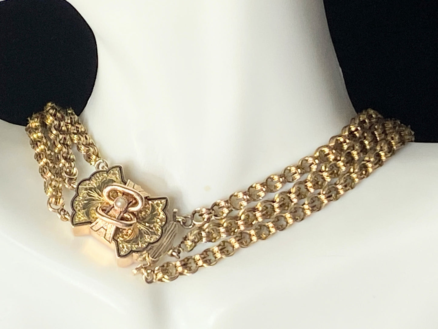 Victorian 14K Triple Chain Choker converted Taille D'Épargne clasp 16"