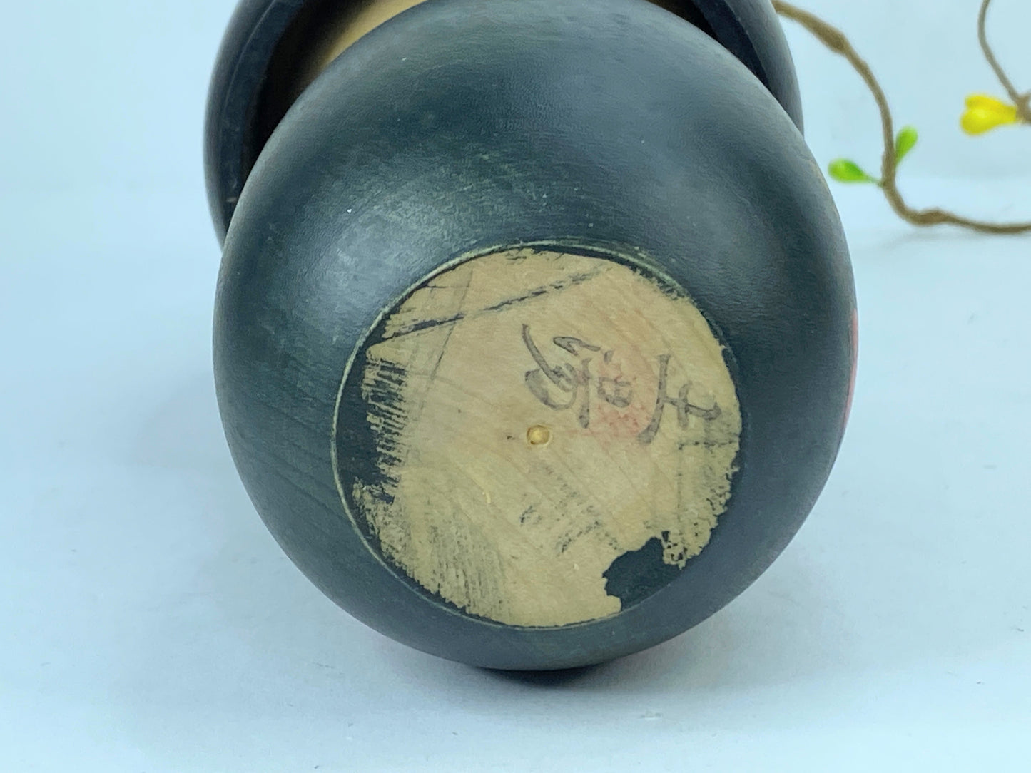 Tsuchiyu Kokeshi Wooden Doll Dark green Red Kimono Flowers Signed 6" A227