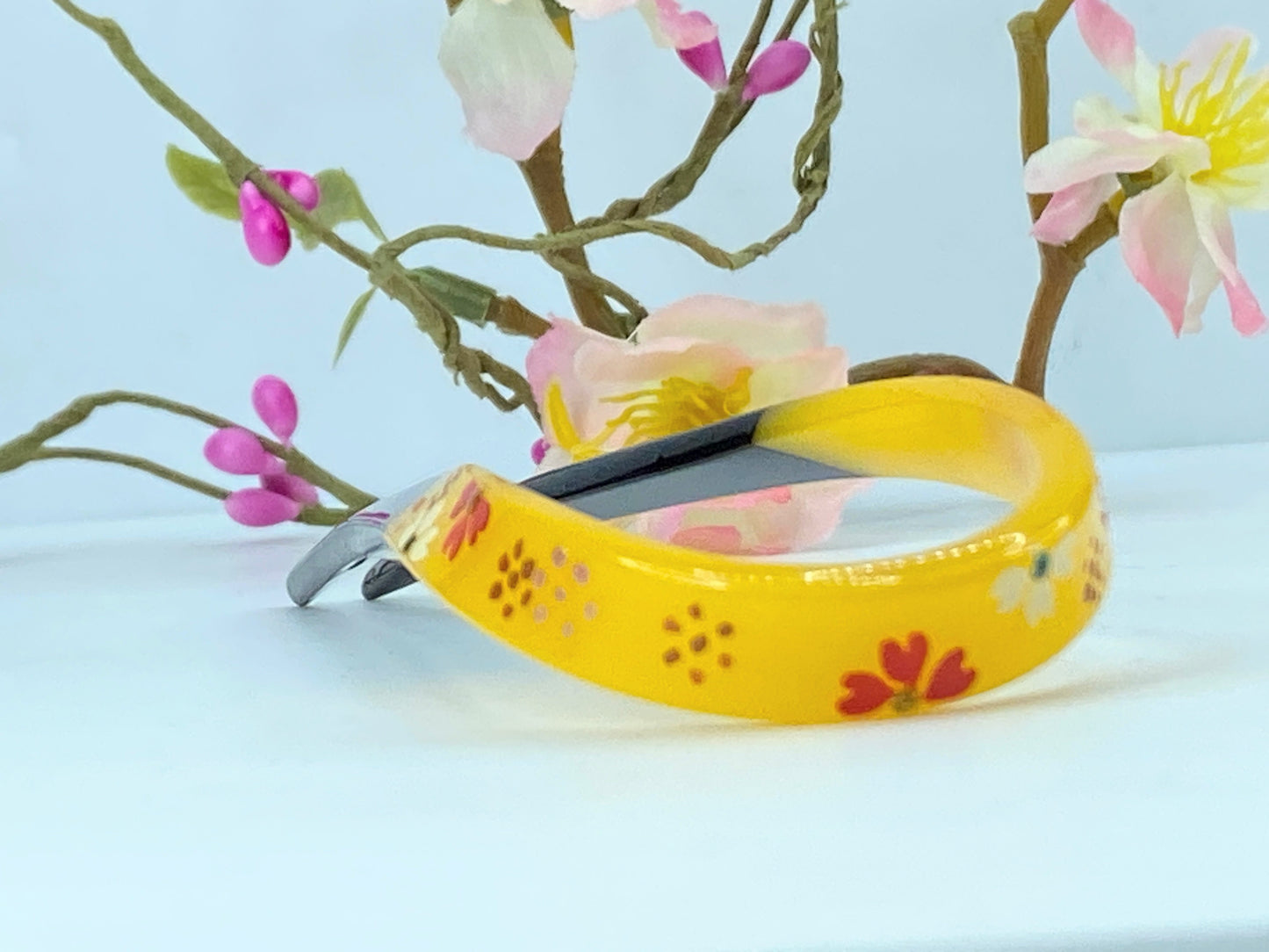 Kanzashi Hair Ornament With Red Plum Blossom Design With Green Accents GS522