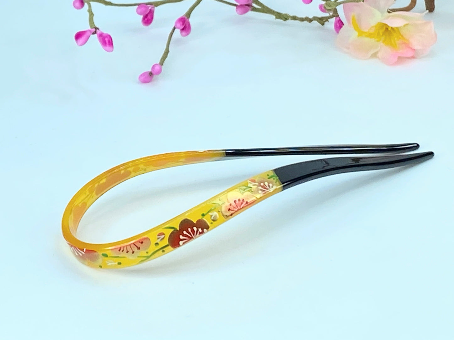 Kanzashi Hair Ornament With Red Plum Blossom Design With Green Accents GS522