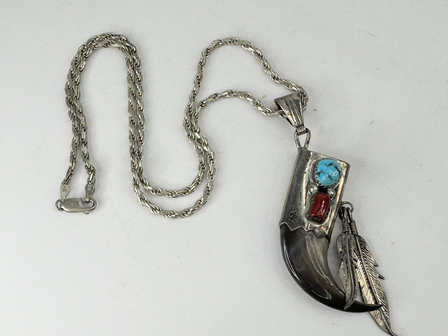 Richard Begay Navajo Turquoise Red Coral Feathers rope link necklace 22g JR9460