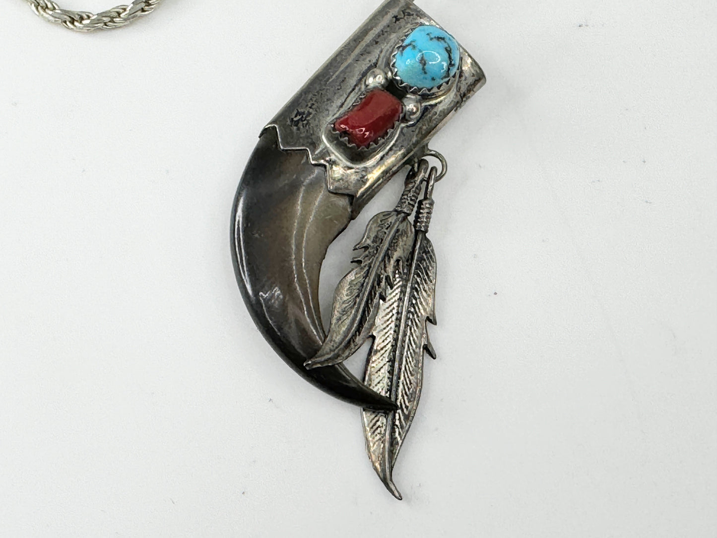 Richard Begay Navajo Turquoise Red Coral Feathers rope link necklace 22g JR9460