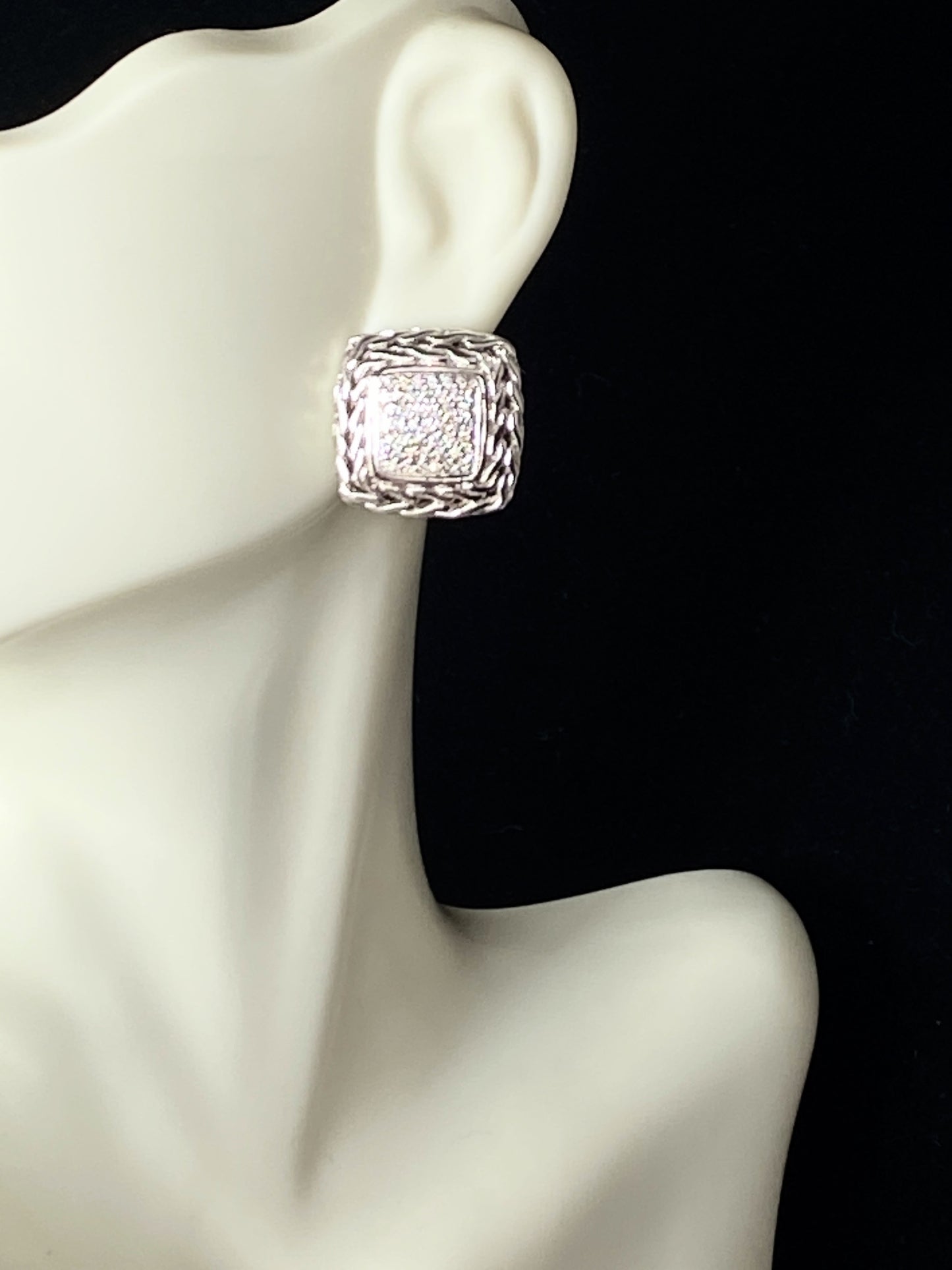JOHN HARDY sterling silver & 18K 0.83ct pave diamond square earrings
