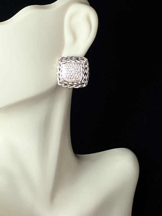 JOHN HARDY sterling silver & 18K 0.83ct pave diamond square earrings