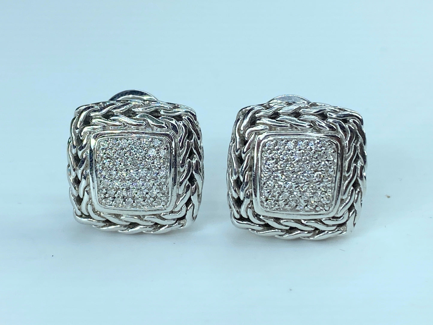 JOHN HARDY sterling silver & 18K 0.83ct pave diamond square earrings