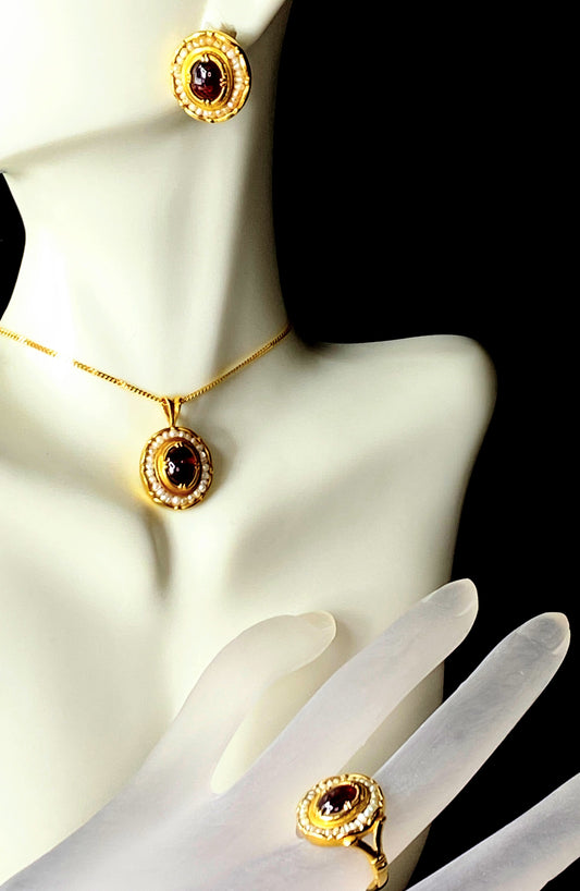 MMA Seed pearl Garnet cabochon Necklace ring earrings 14K/22K jewelry set JR8480