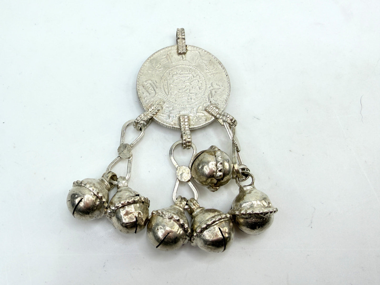 Vintage Silver Coin Charm Pendant With Dangle Bells Ethnic Tribal JR1495