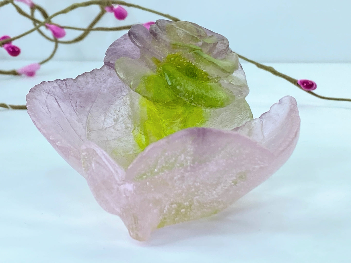 DAUM Pate de Verre Rose Vide Poche Small Ornamental Bowl French Art Glass