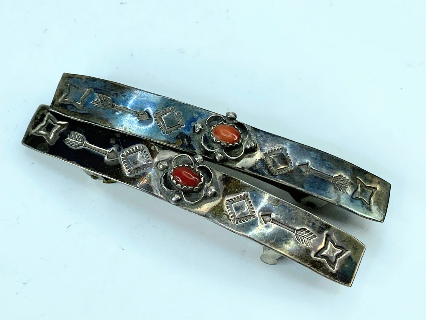 Native American signed hand made Coral cabochon barrette 14.4g SS104