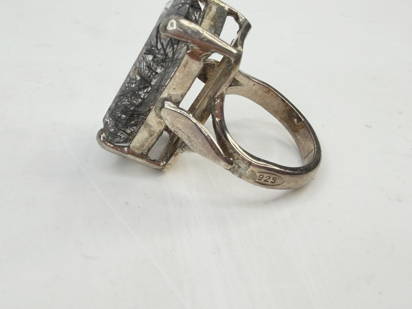 Vintage Black Rutilated Quartz Sterling Silver Statement Ring JR1526