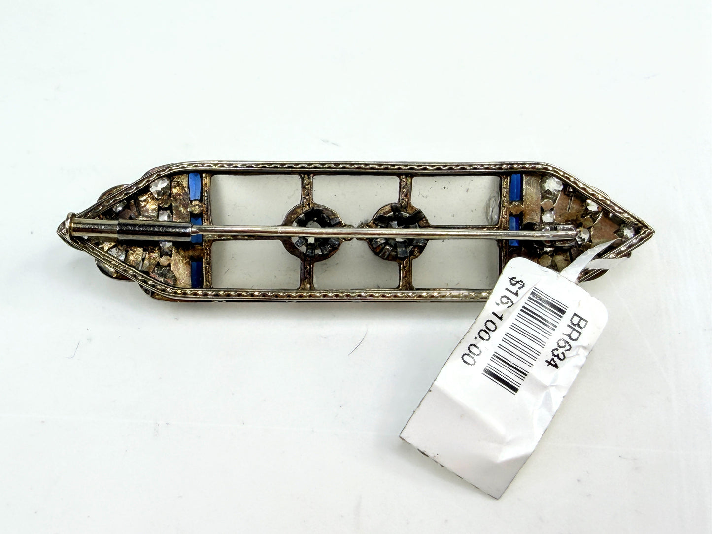 Art Deco Rock Crystal 2.5ct Old Euro cut Diamond Sapphire Brooch 18K Gold JR1533