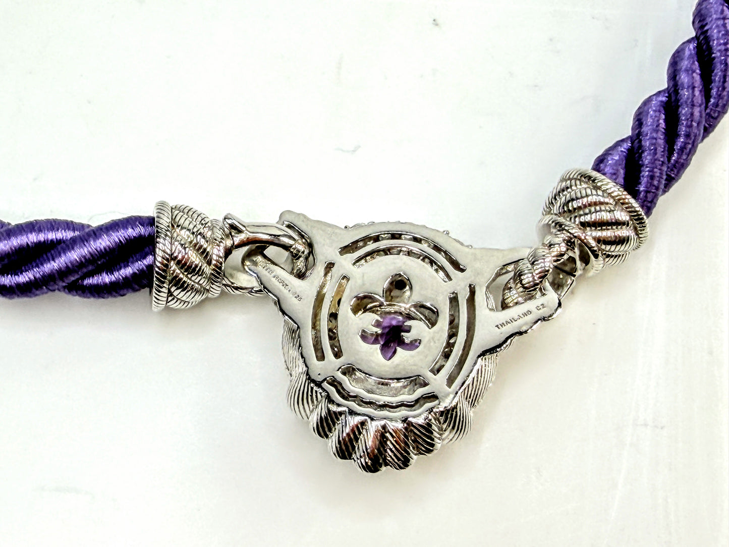 Vintage Judith Ripka Amethyst & CZ Sterling Purple silk rope Necklace 18" JR1534