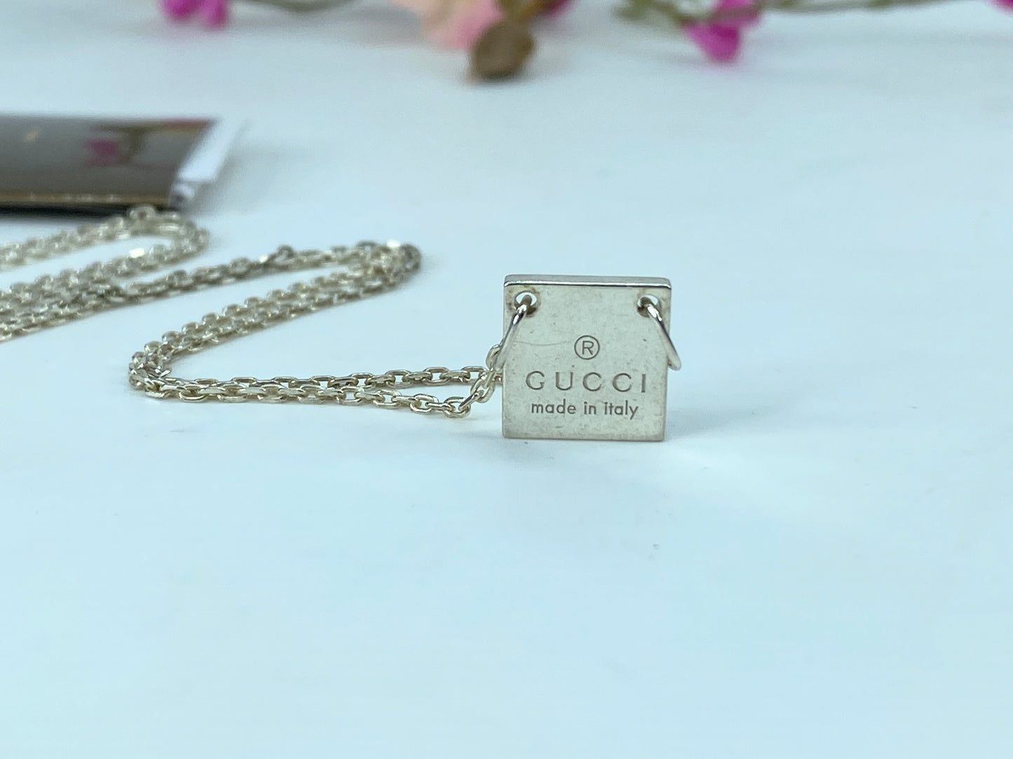 Gucci Trademark Square Pendant Charm Necklace Sterling Silver necklace 18" JR331