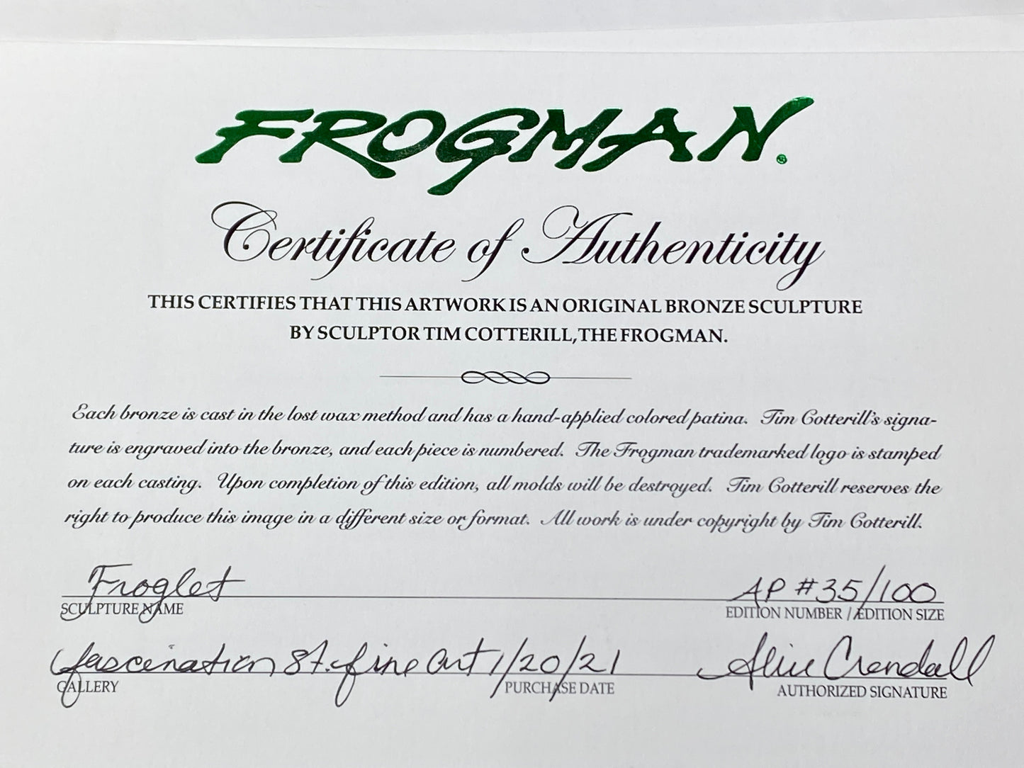 Ltd Edit Tim FROGMAN Cotterill b.1950 Bronze Frog Sculpture w/certificate A126