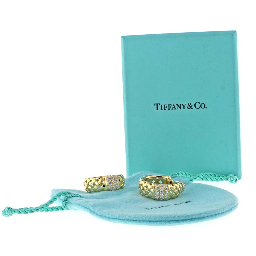 Tiffany & Co 18K gold Woven Vannerie Diamond hoop earrings