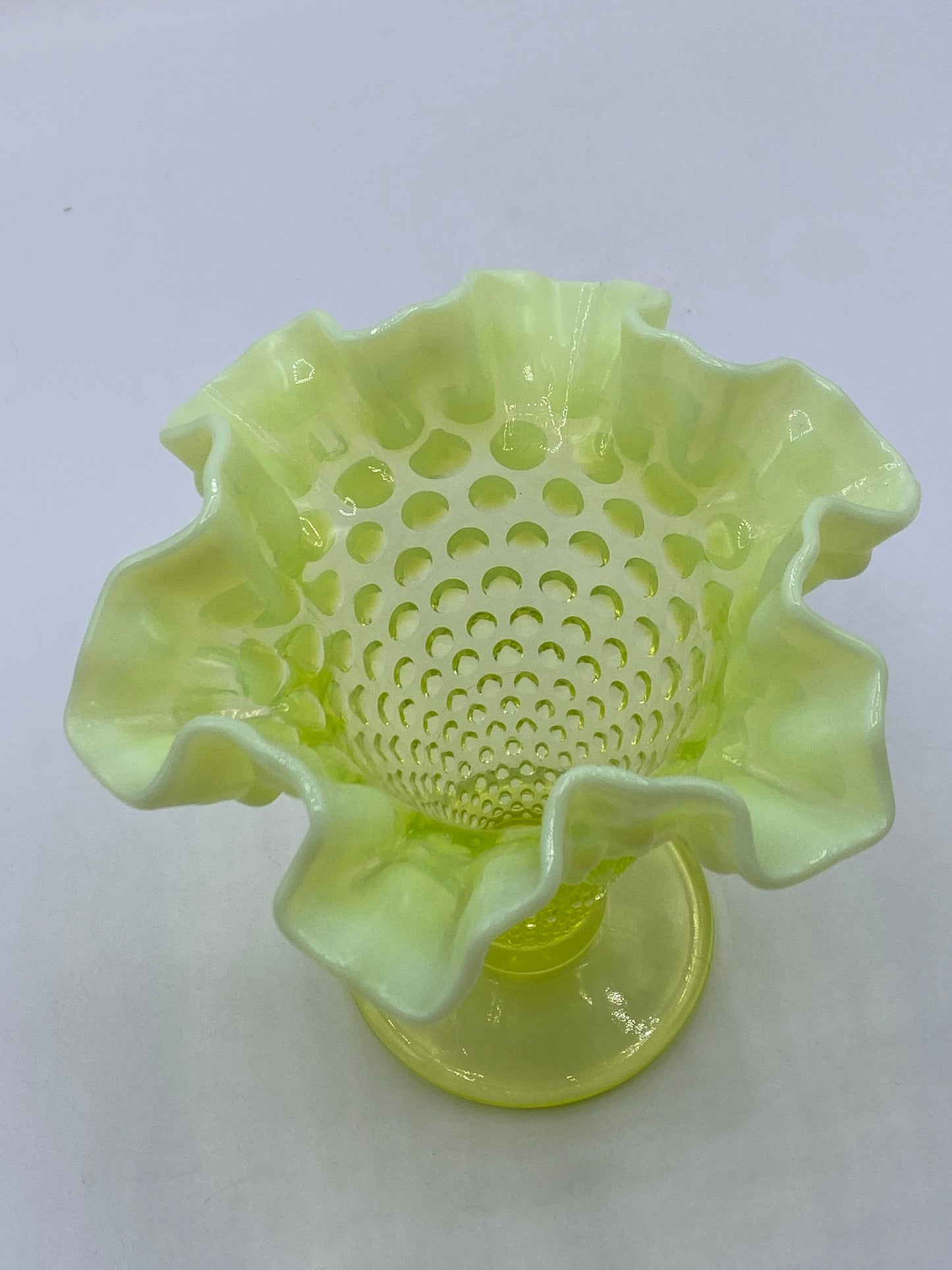 c1950s Fenton Yellow Topaz Glass Translucent Crimped Vase 5 3/4" A264