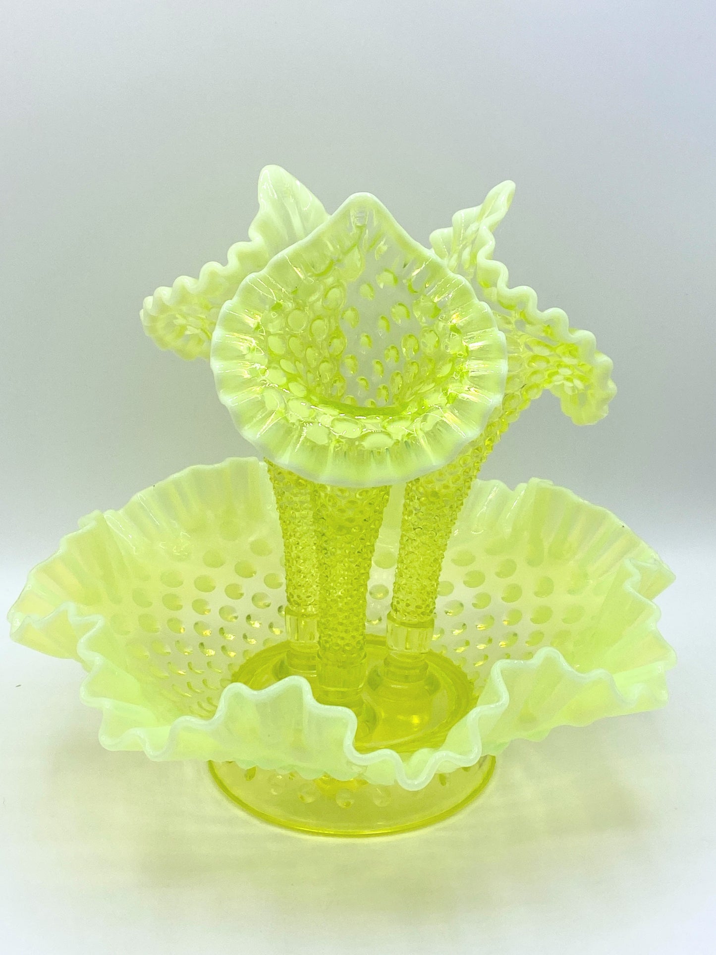 Vintage Fenton Topaz Opalescent hobnail Vaseline glass 3 horn epergne 9.5" A262