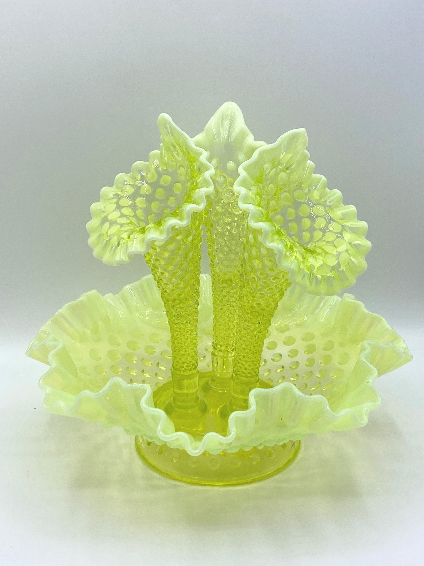 Vintage Fenton Topaz Opalescent hobnail Vaseline glass 3 horn epergne 9.5" A262