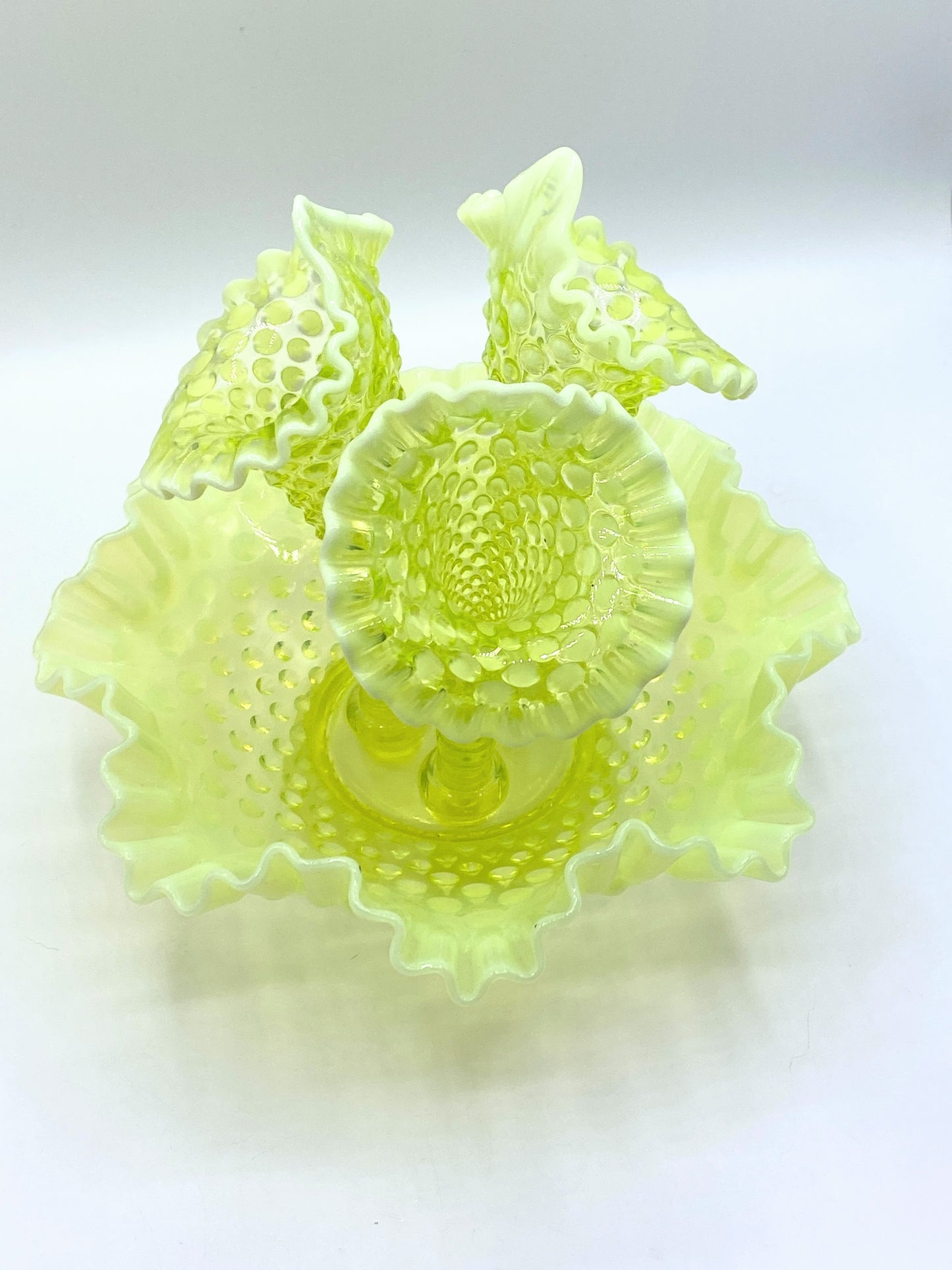 Vintage Fenton Topaz Opalescent hobnail Vaseline glass 3 horn epergne 9.5" A262