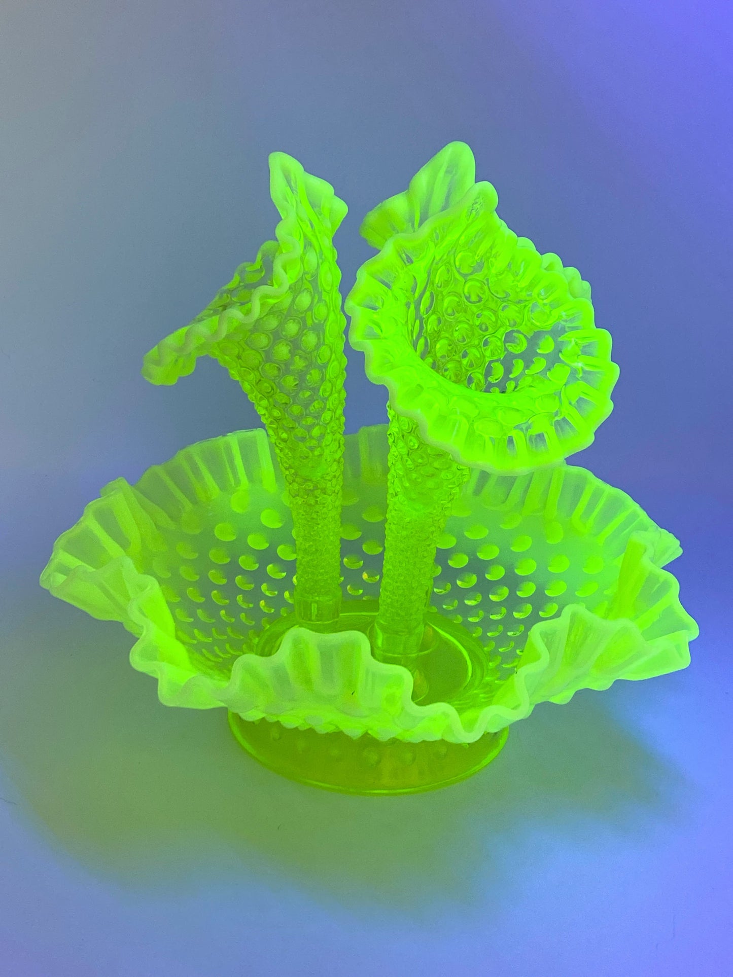 Vintage Fenton Topaz Opalescent hobnail Vaseline glass 3 horn epergne 9.5" A262