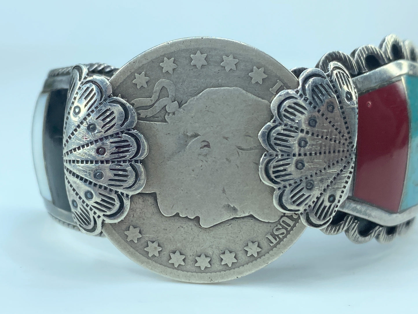 Signed E Atencio sterling gem inlay cuff with 1909 half dollar 52.2g JR9356