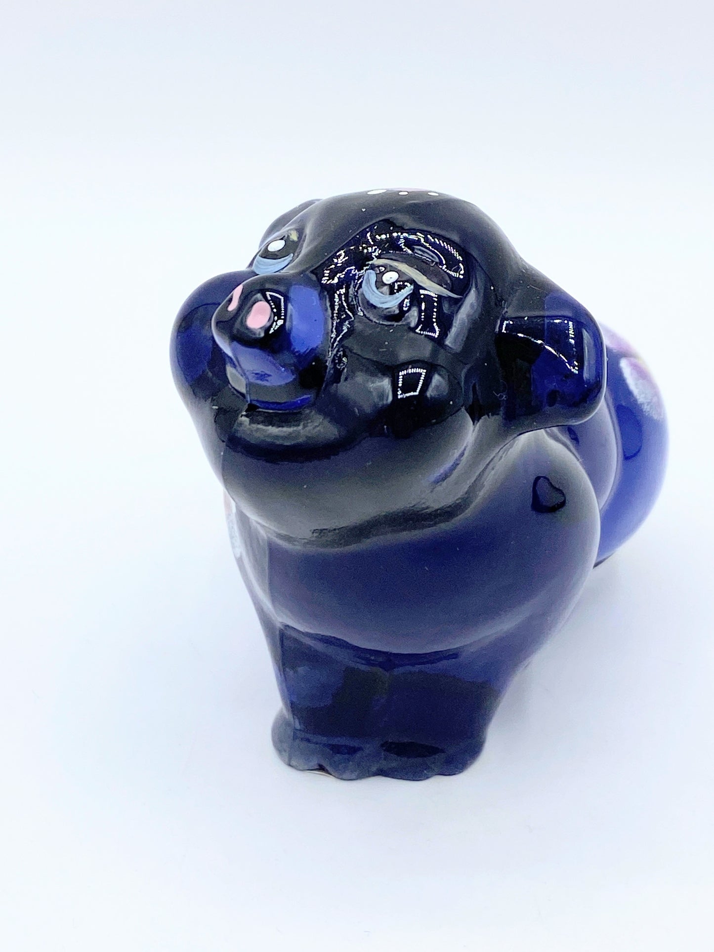 FENTON dark blue glass custom ordered pig with hand painted flowers Signed A270