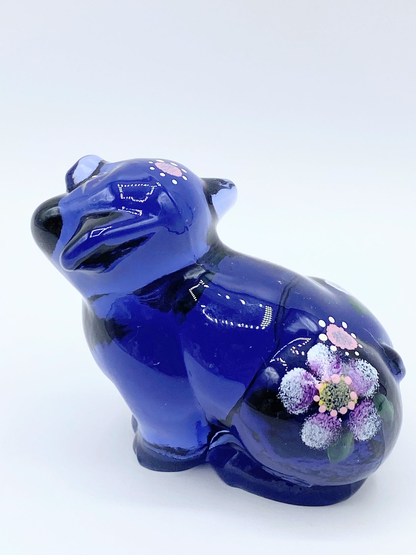 FENTON dark blue glass custom ordered pig with hand painted flowers Signed A270