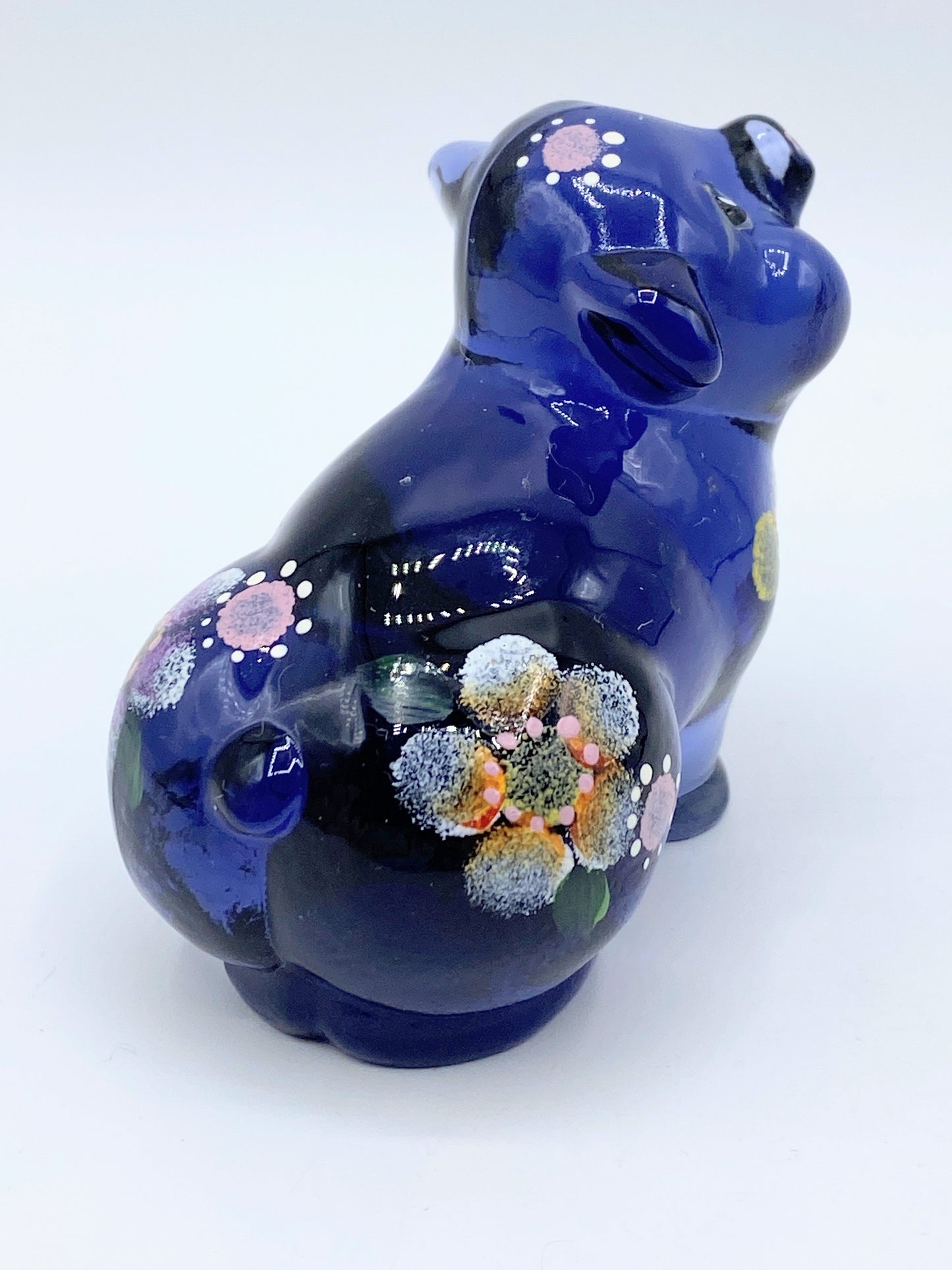 FENTON dark blue glass custom ordered pig with hand painted flowers Signed A270