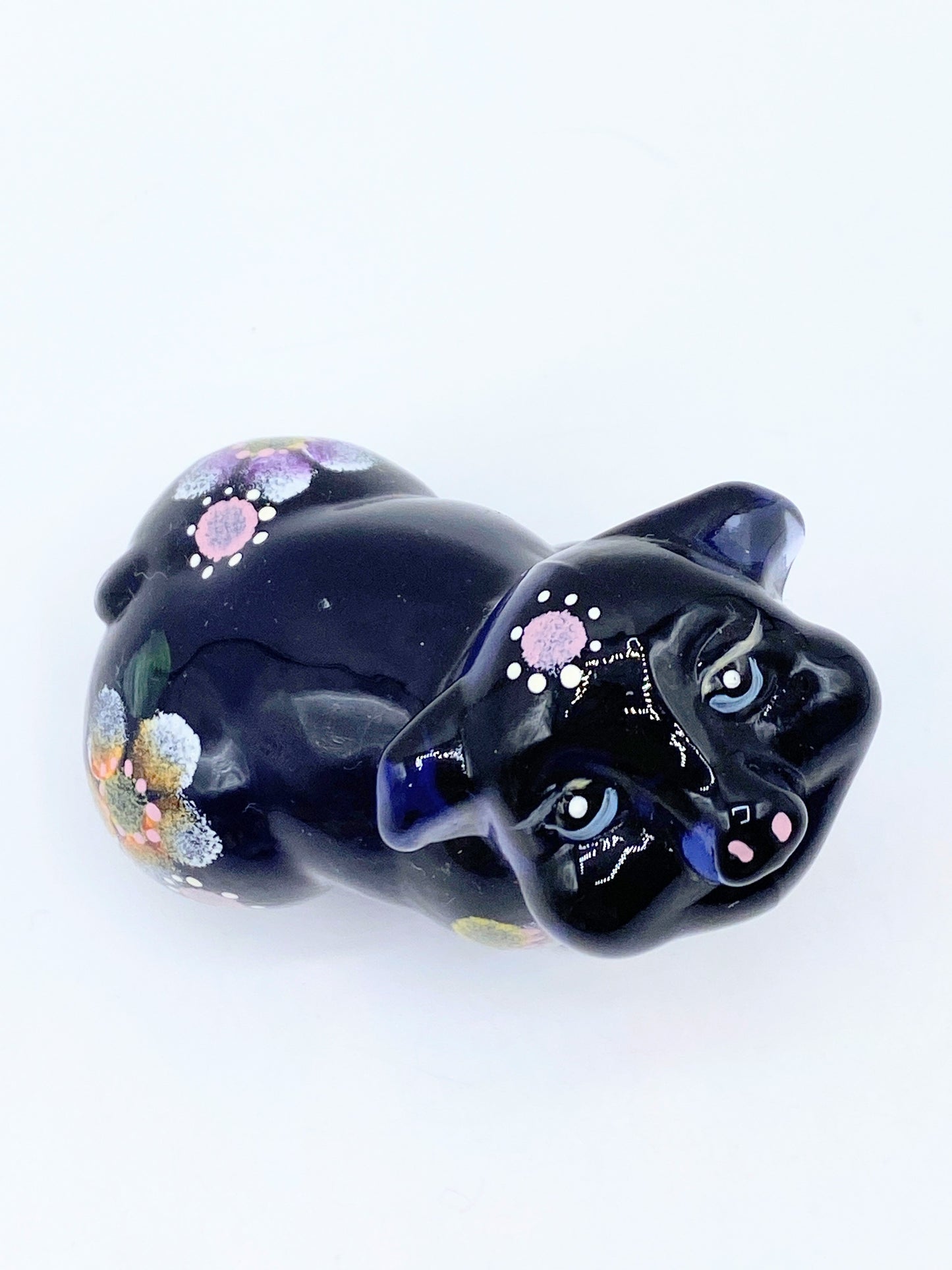 FENTON dark blue glass custom ordered pig with hand painted flowers Signed A270