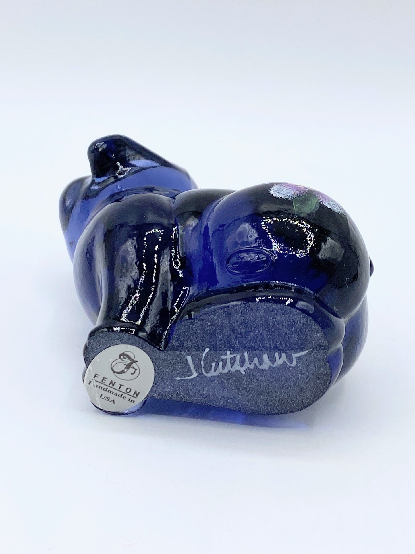 FENTON dark blue glass custom ordered pig with hand painted flowers Signed A270