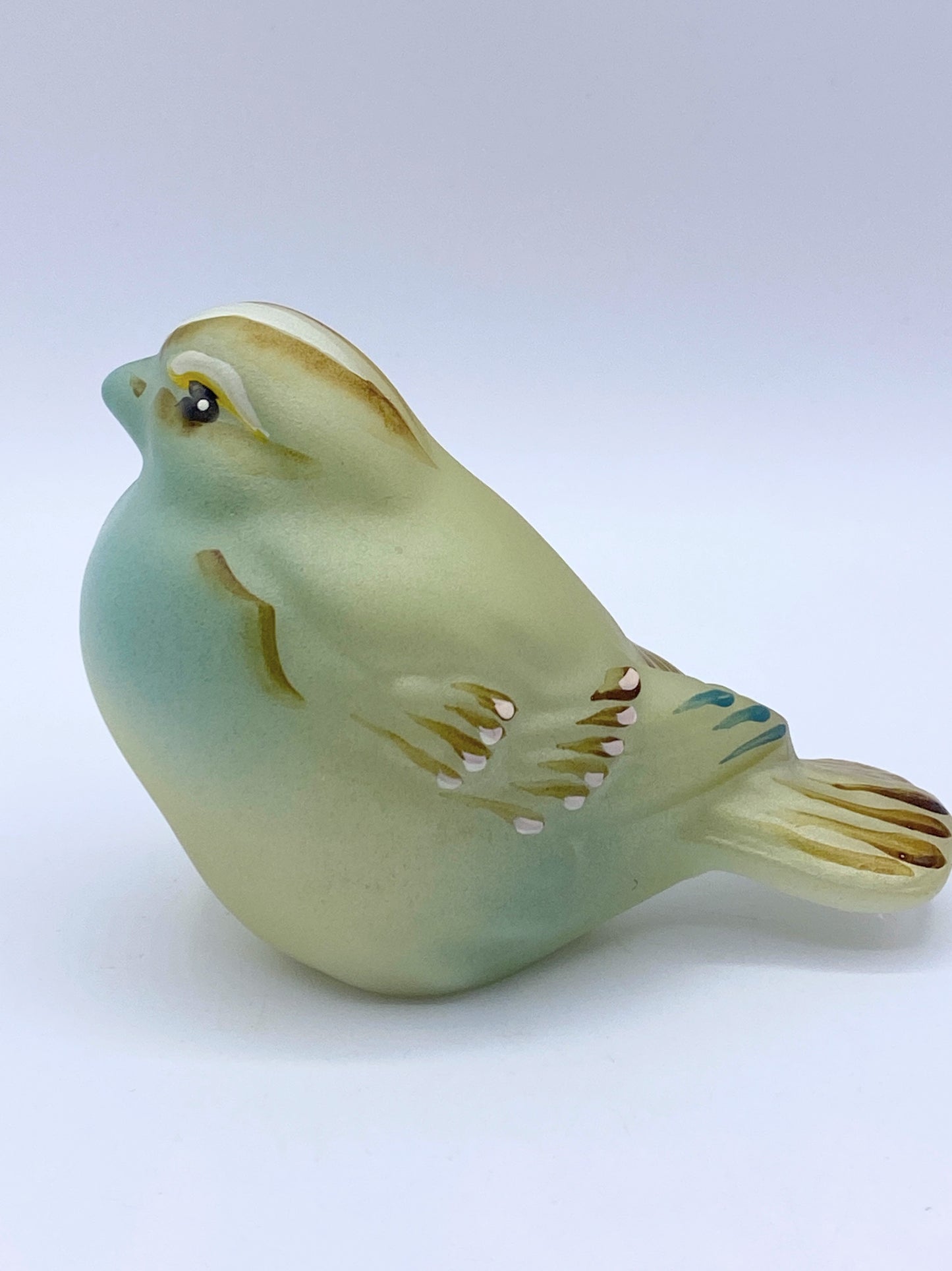 Fenton Art Glass White Opal Natural Sparrow Figurine by D Cutshaw A272