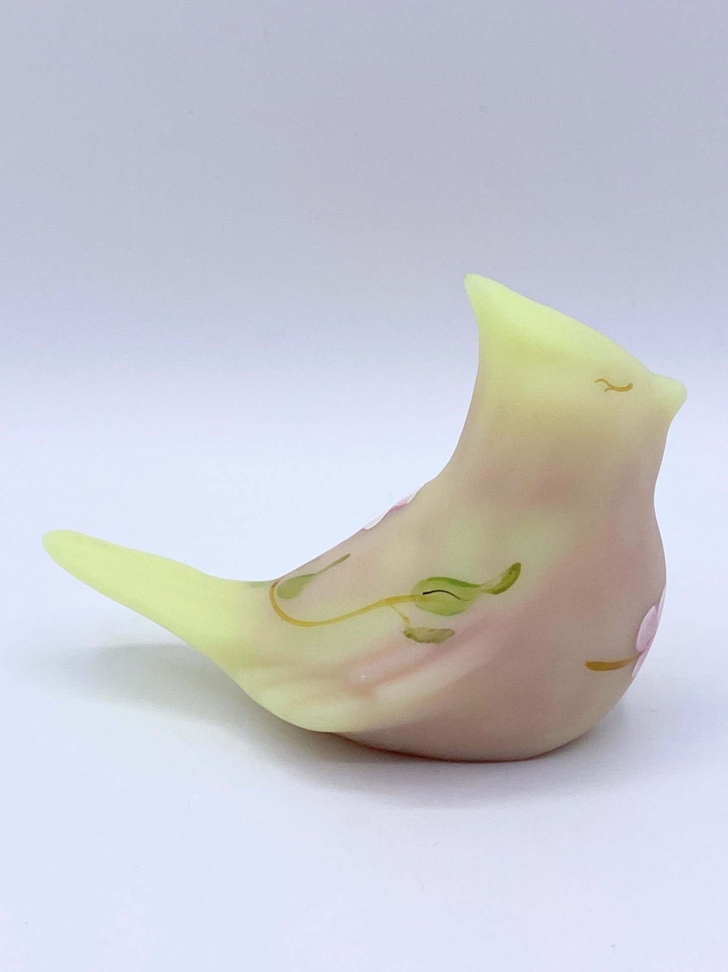 Rare Fenton burmese glass hand painted Cardinal glows pink flower A274
