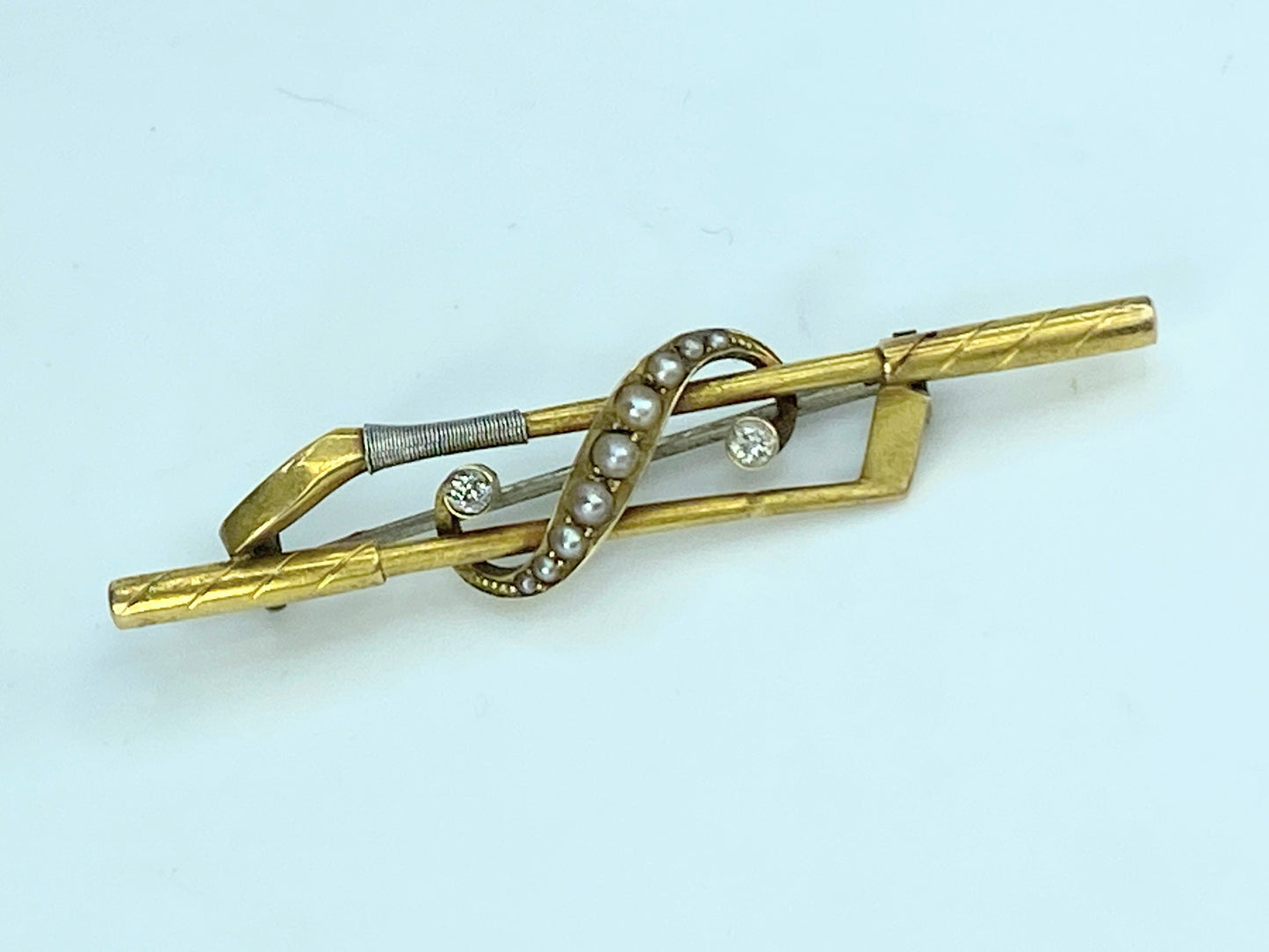 Victorian Diamond Pearl Riding crop 0.1ct old Euro cut split pearl brooch JR9930