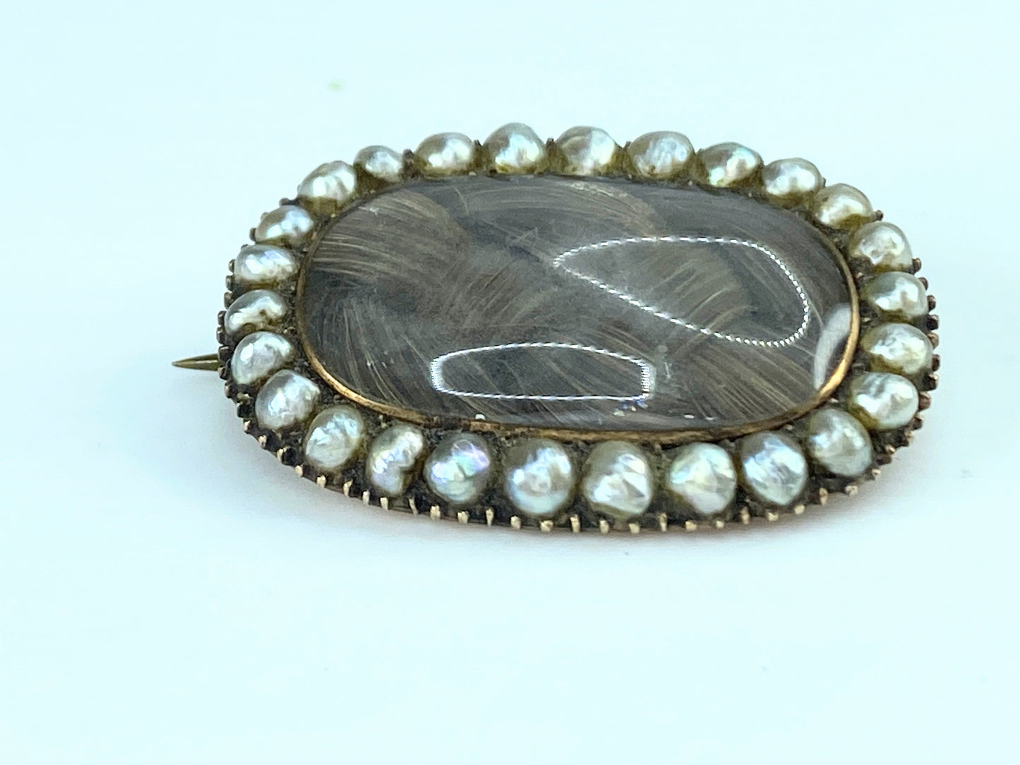 15K Georgian Mourning Brooch natural Seed Pearls Hair Under Crystal 6.3g JR9977