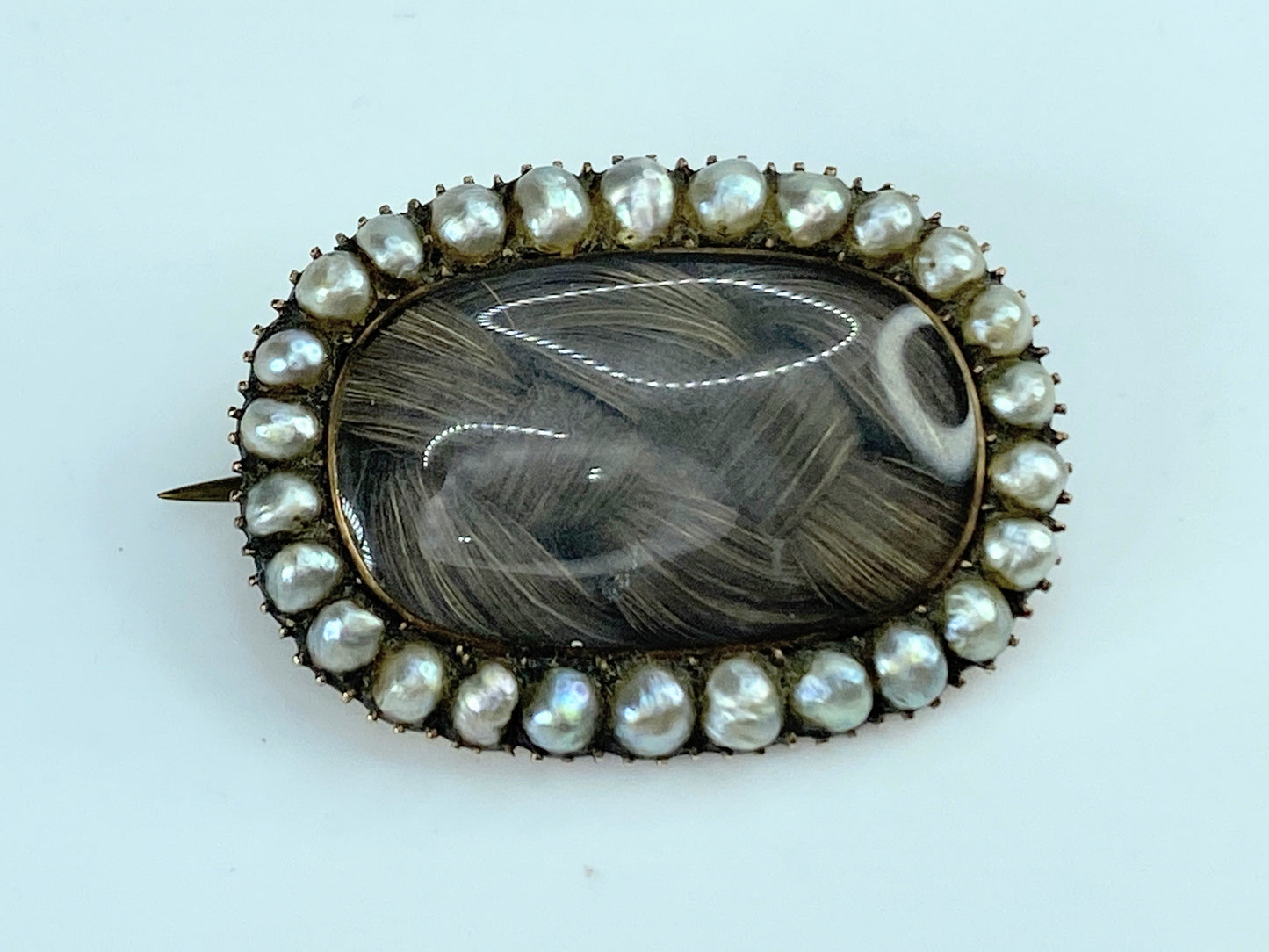 15K Georgian Mourning Brooch natural Seed Pearls Hair Under Crystal 6.3g JR9977