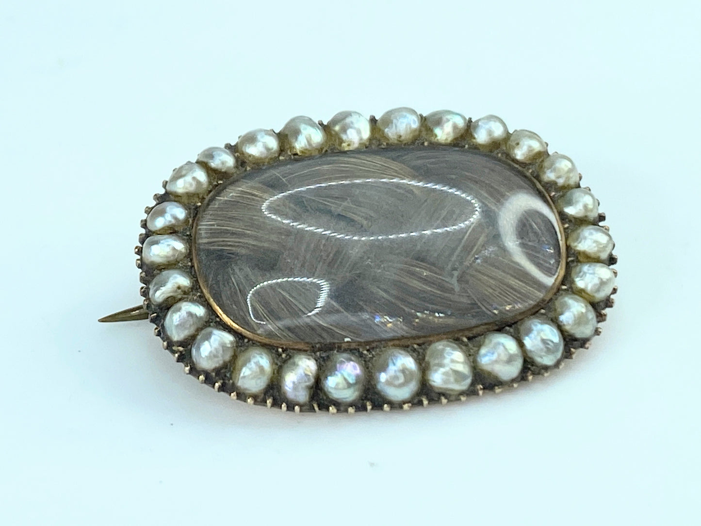 15K Georgian Mourning Brooch natural Seed Pearls Hair Under Crystal 6.3g JR9977