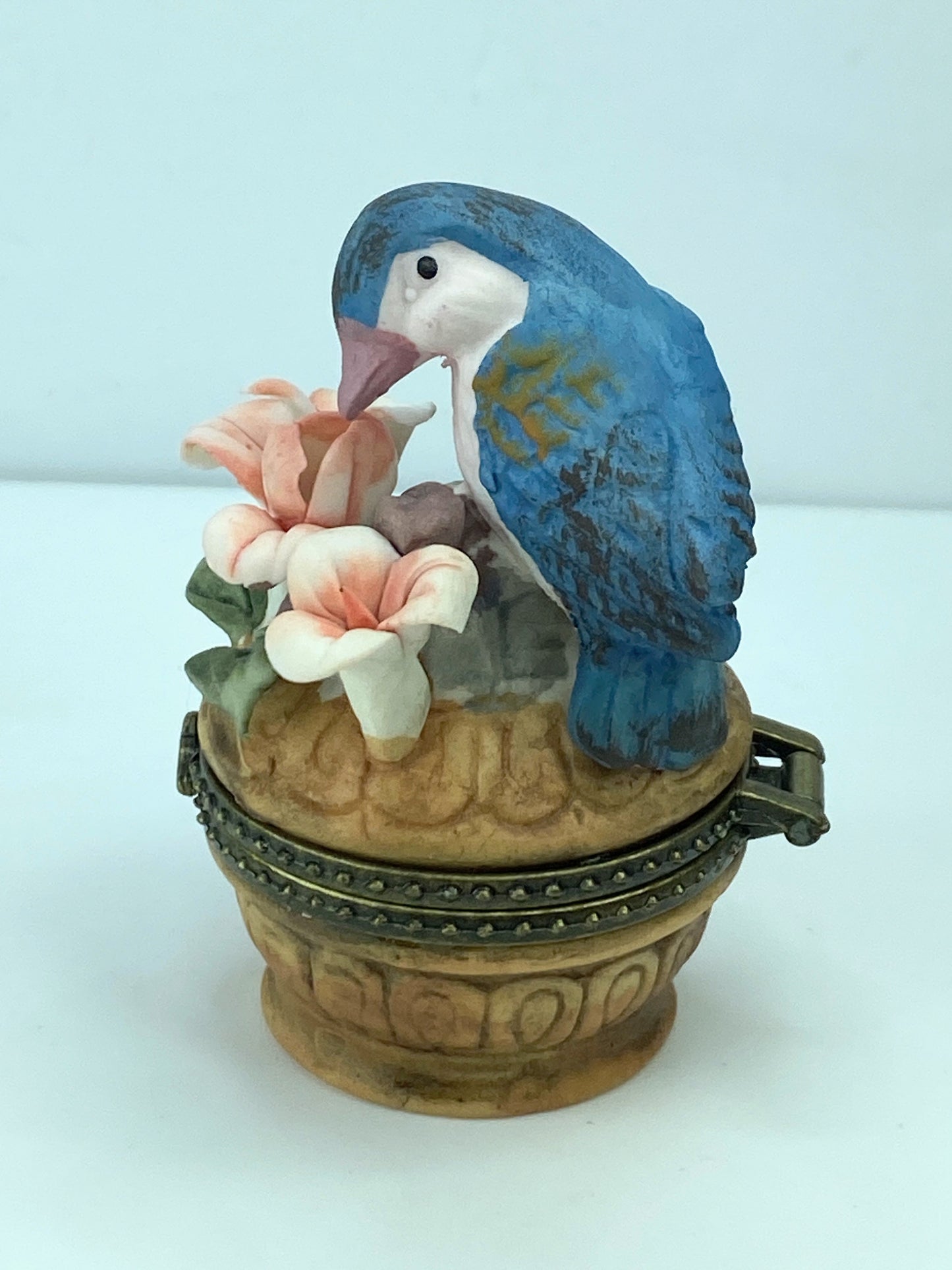 Rare 1970's Ceramic Blue Bird Lily brown brass metalwork trinket box 3" A322