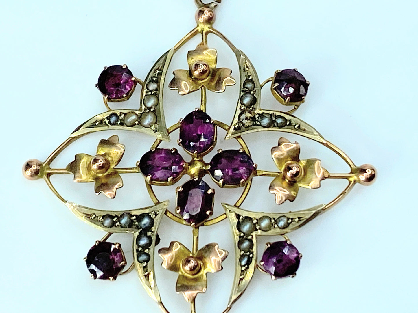 Art Nouveau, 9 Karat Yellow Gold, Pink Tourmaline & Seed Pearl Pendant JR0015