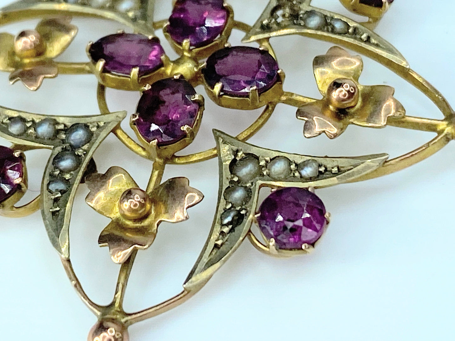 Art Nouveau, 9 Karat Yellow Gold, Pink Tourmaline & Seed Pearl Pendant JR0015