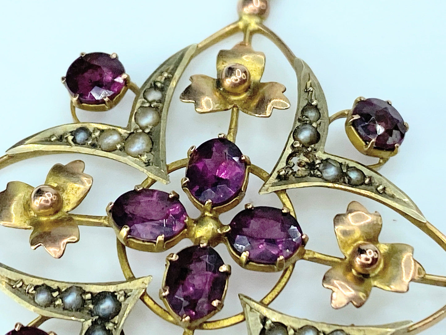 Art Nouveau, 9 Karat Yellow Gold, Pink Tourmaline & Seed Pearl Pendant JR0015