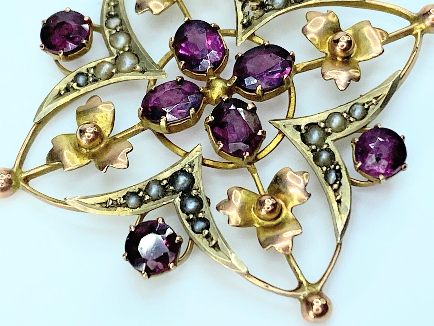 Art Nouveau, 9 Karat Yellow Gold, Pink Tourmaline & Seed Pearl Pendant JR0015
