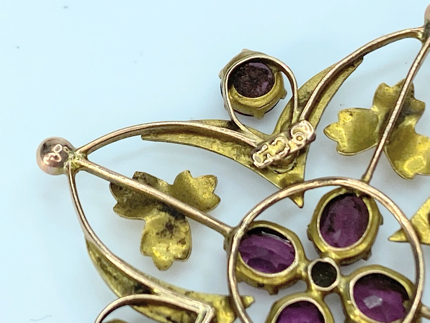 Art Nouveau, 9 Karat Yellow Gold, Pink Tourmaline & Seed Pearl Pendant JR0015
