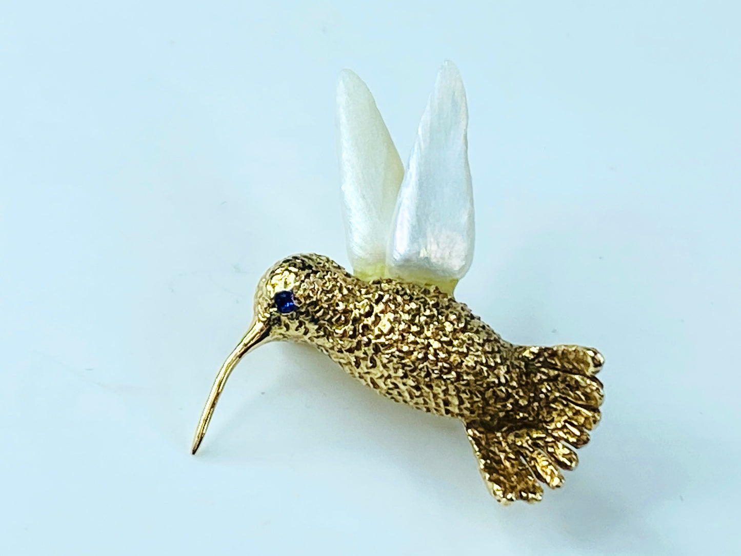 William Ruser Freshwater Pearl Sapphire eyes Hummingbird set brooch