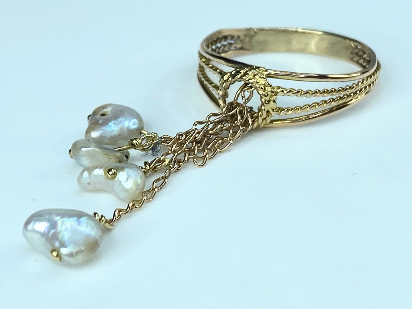14K yellow gold Freshwater cultured pearl dangle ring s7.75 2.8f JR9277