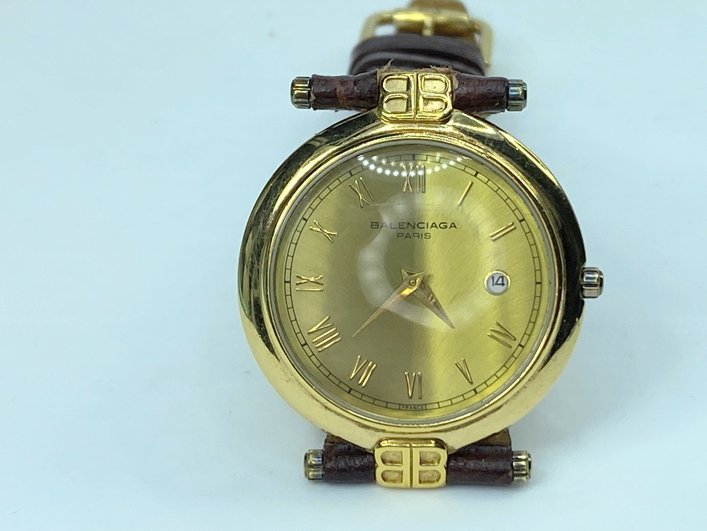 Balenziaga men's Watch 18K gold plated new battery genuine leather band GS156