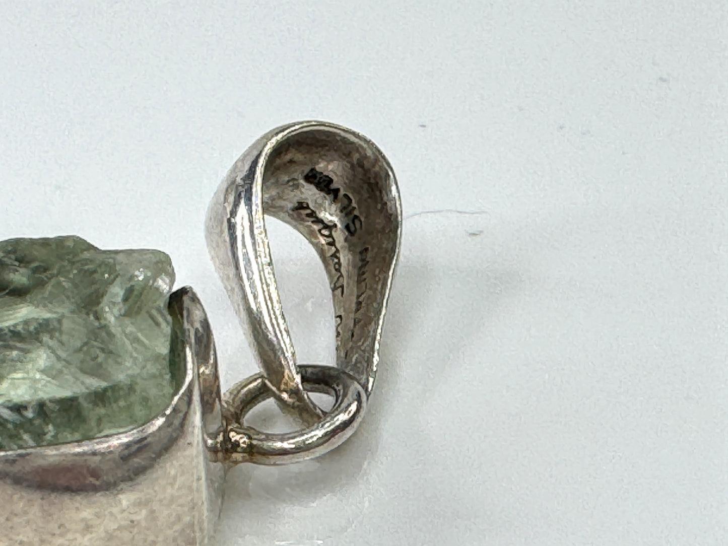 Vintage Signed Sterling Silver Raw Organic Green Quartz Crystal Pendant JR1721